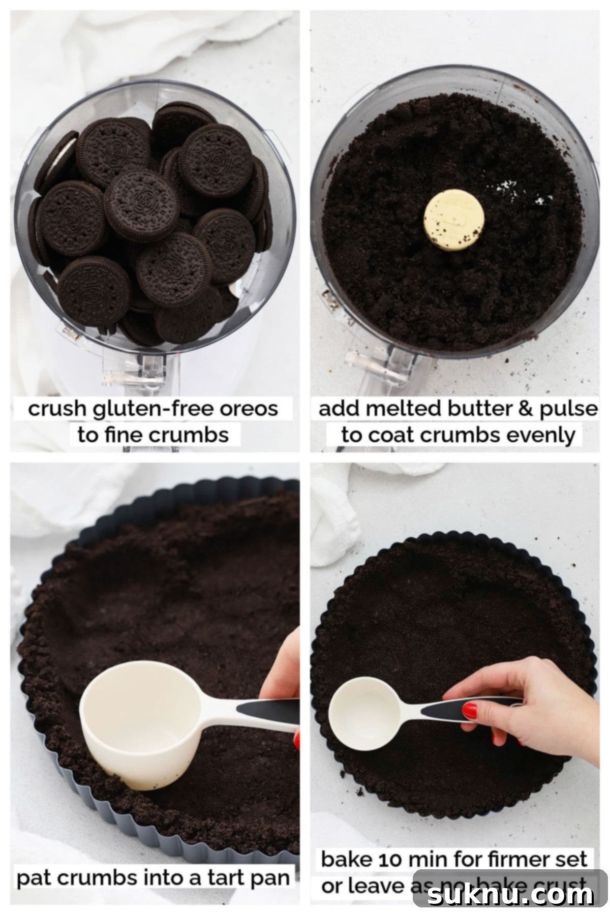 A step-by-step visual guide showing how to prepare the gluten-free chocolate cookie crust for the tart.