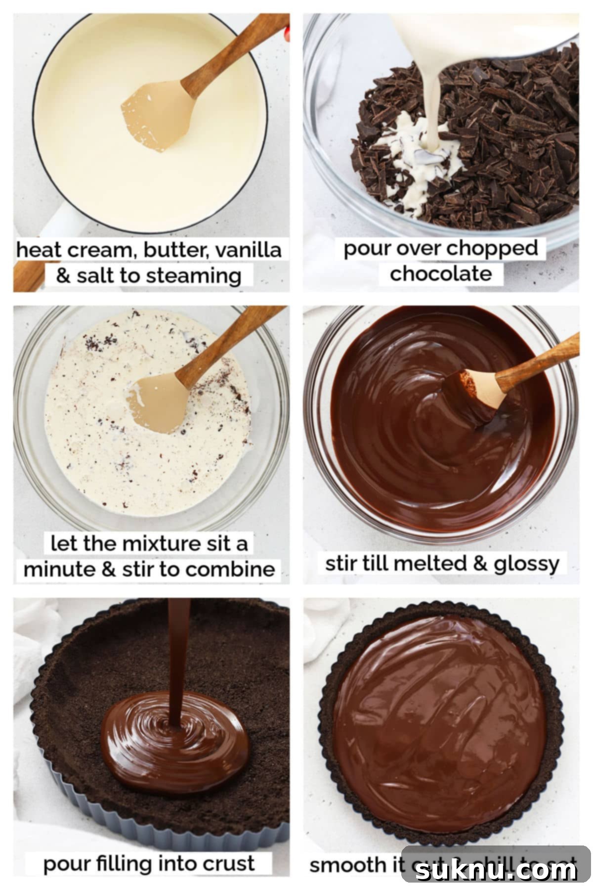 A visual guide detailing the process of making the silky chocolate ganache filling for the tart.