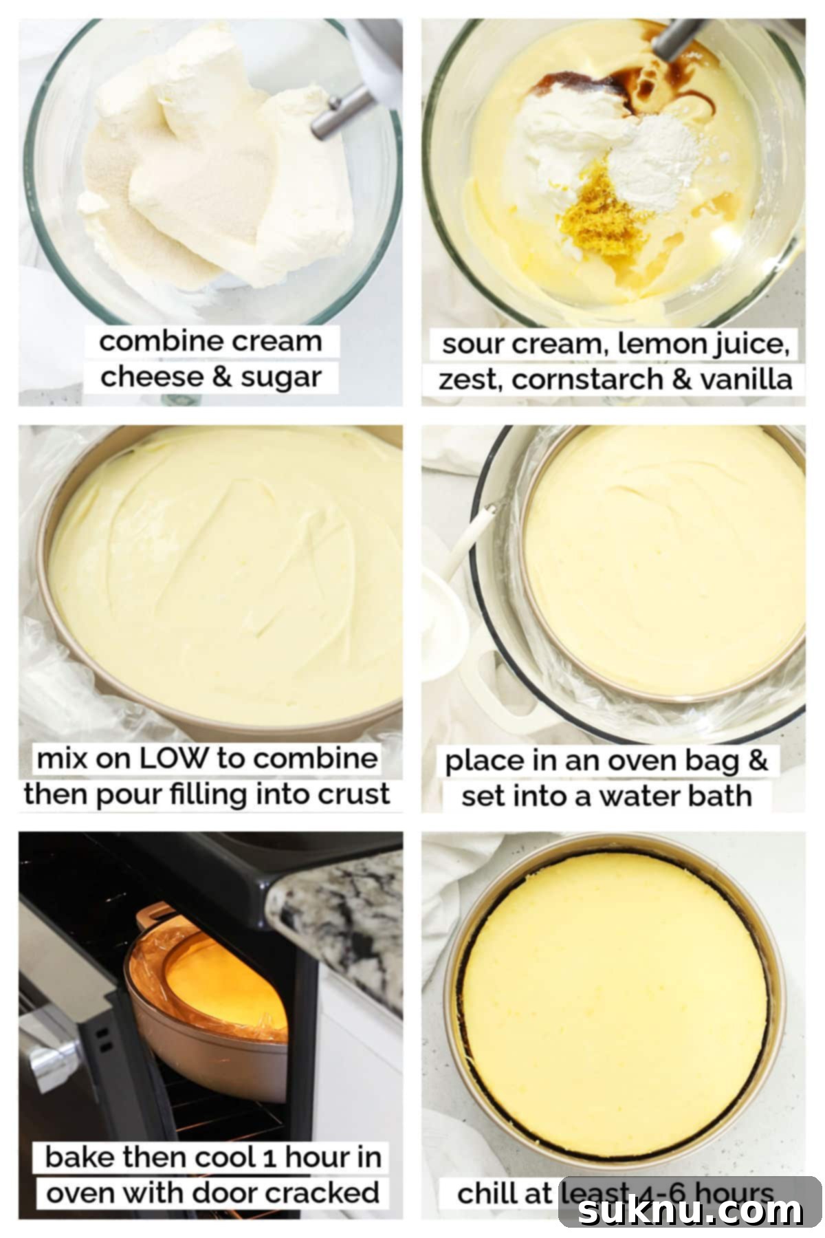 The process of mixing the creamy filling for a gluten-free lemon cheesecake, showing the smooth texture.