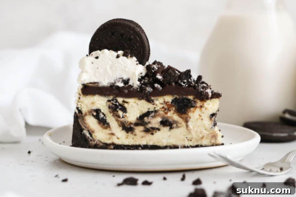 A delectable slice of gluten-free Oreo cheesecake, generously topped with chocolate ganache, crushed Oreo cookies, and whipped cream swirls.