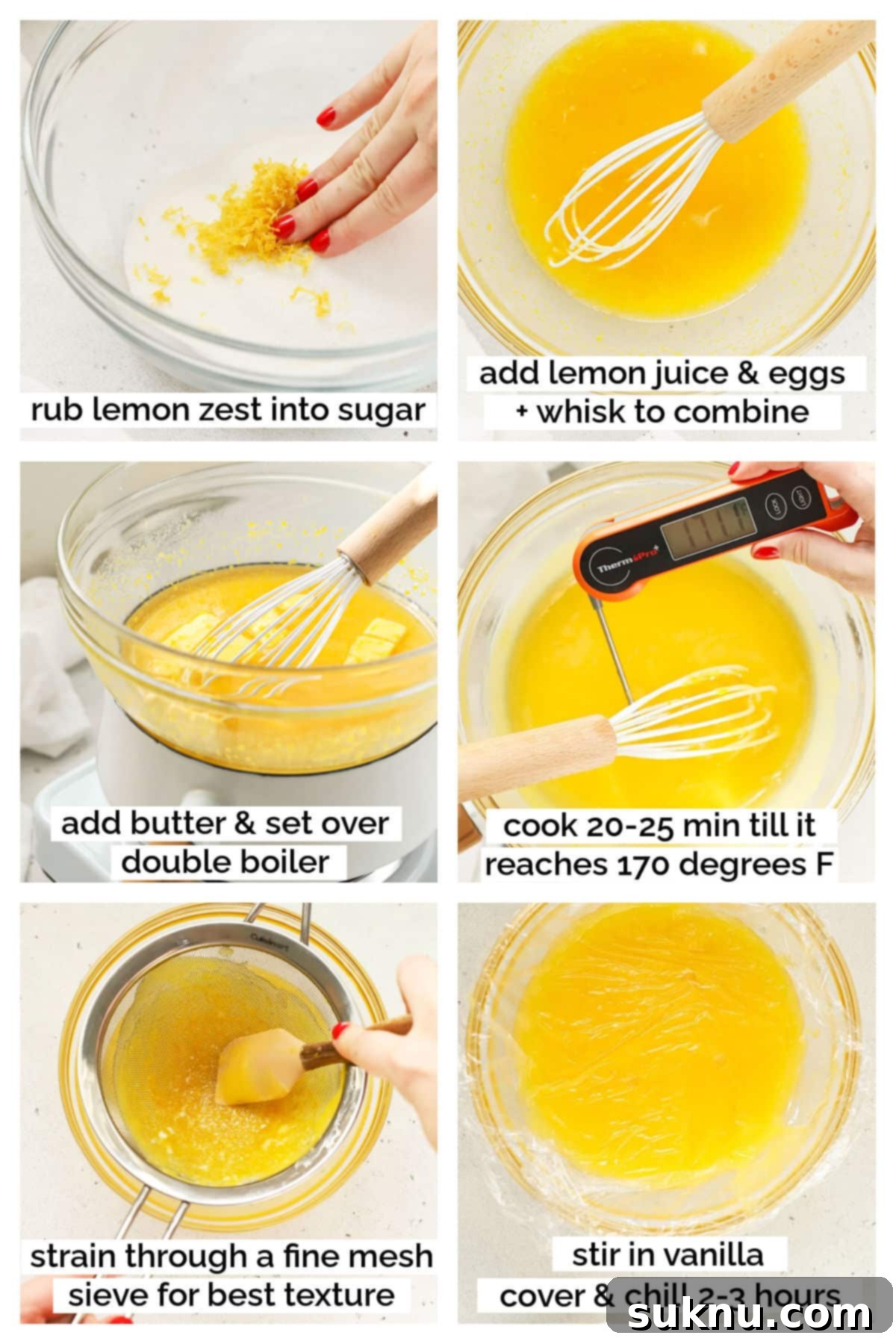 Zesty Gluten-Free Lemon Curd Gems 4 A glass bowl filled with vibrant yellow homemade lemon curd being stirred with a whisk, set over a double boiler.