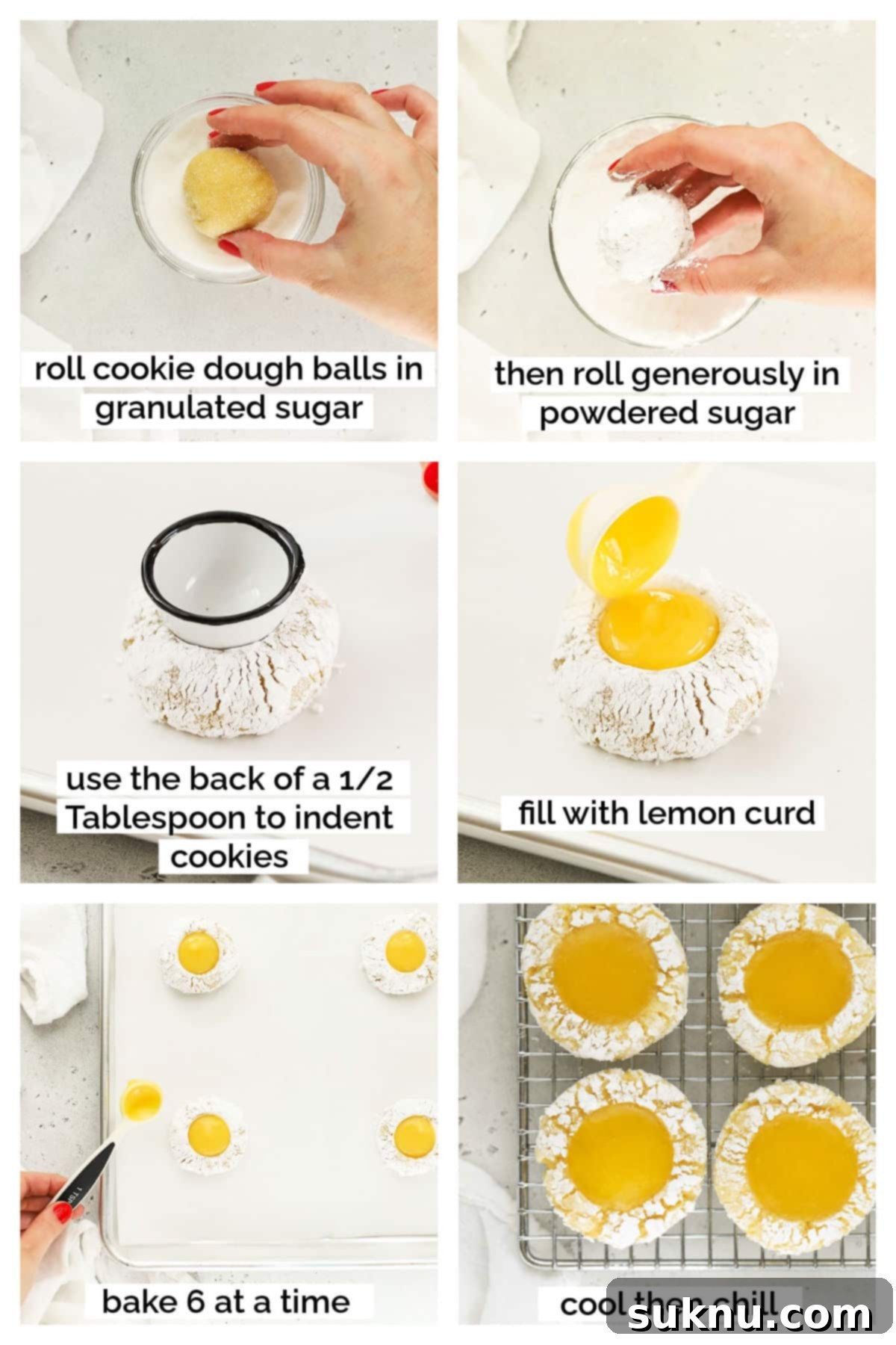 Zesty Gluten-Free Lemon Curd Gems 6 Gluten-free lemon curd cookies being rolled in sugar and then indented and filled with lemon curd on a baking sheet.