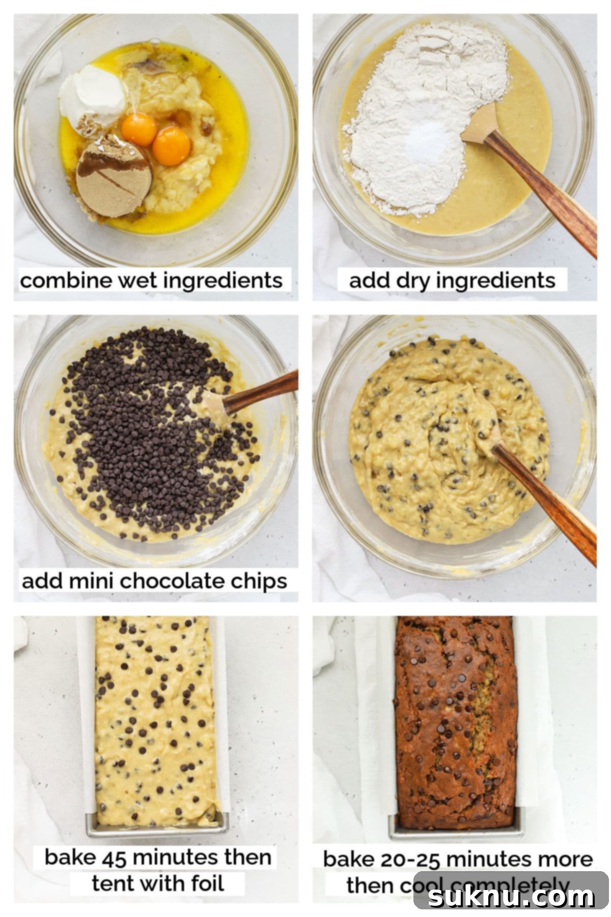 A step-by-step collage showing the process of mixing ingredients and pouring batter for gluten-free chocolate chip banana bread.